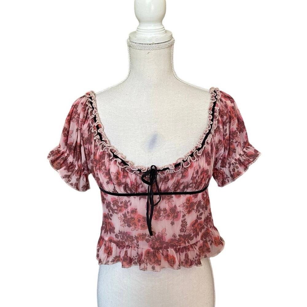 Urban Outfitters Y2K‎ Style Floral Mesh Puff Sleeve Top Velvet Ribbon Large New